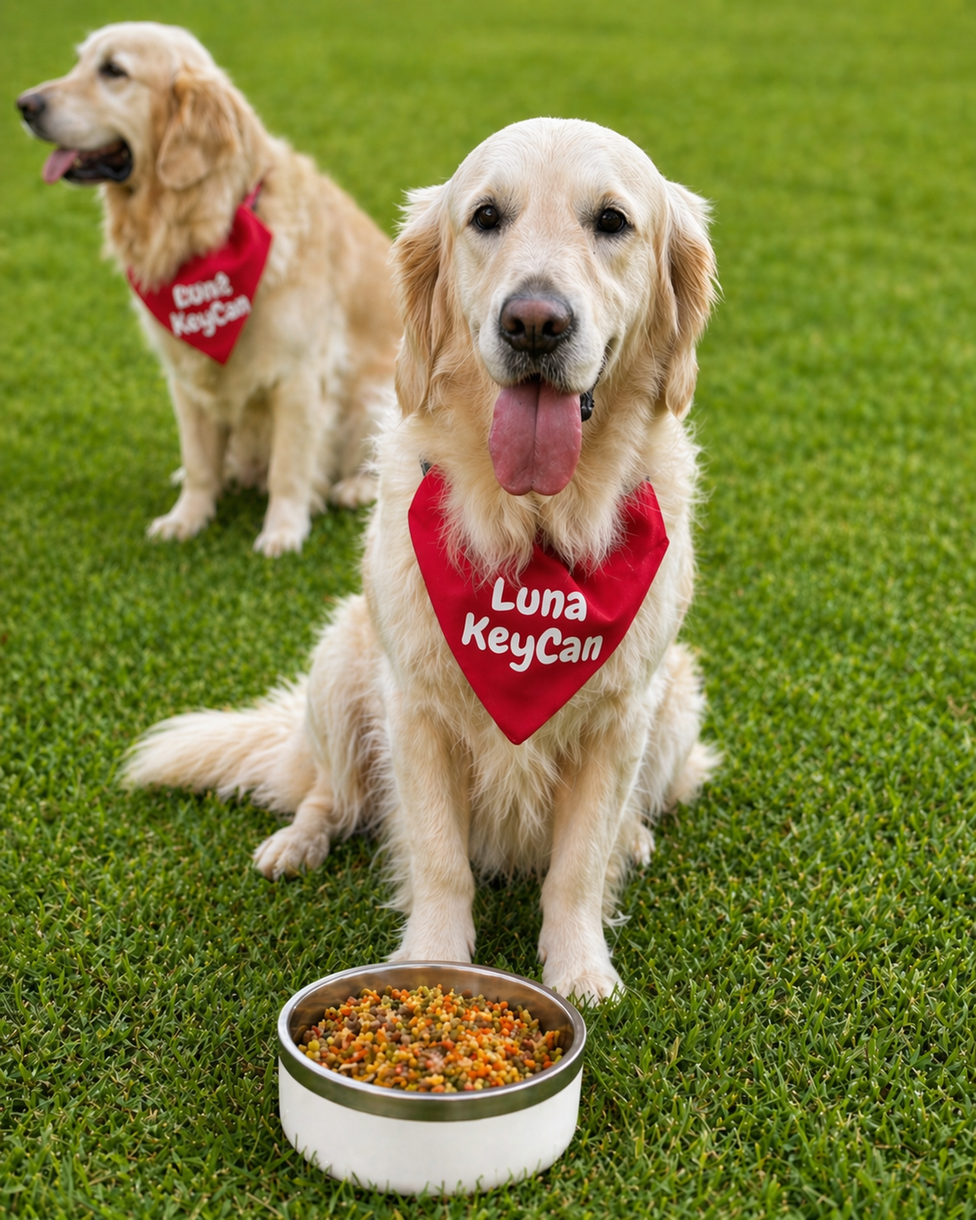 Luna and Elliot — the golden retrievers behind the KeyCan story.